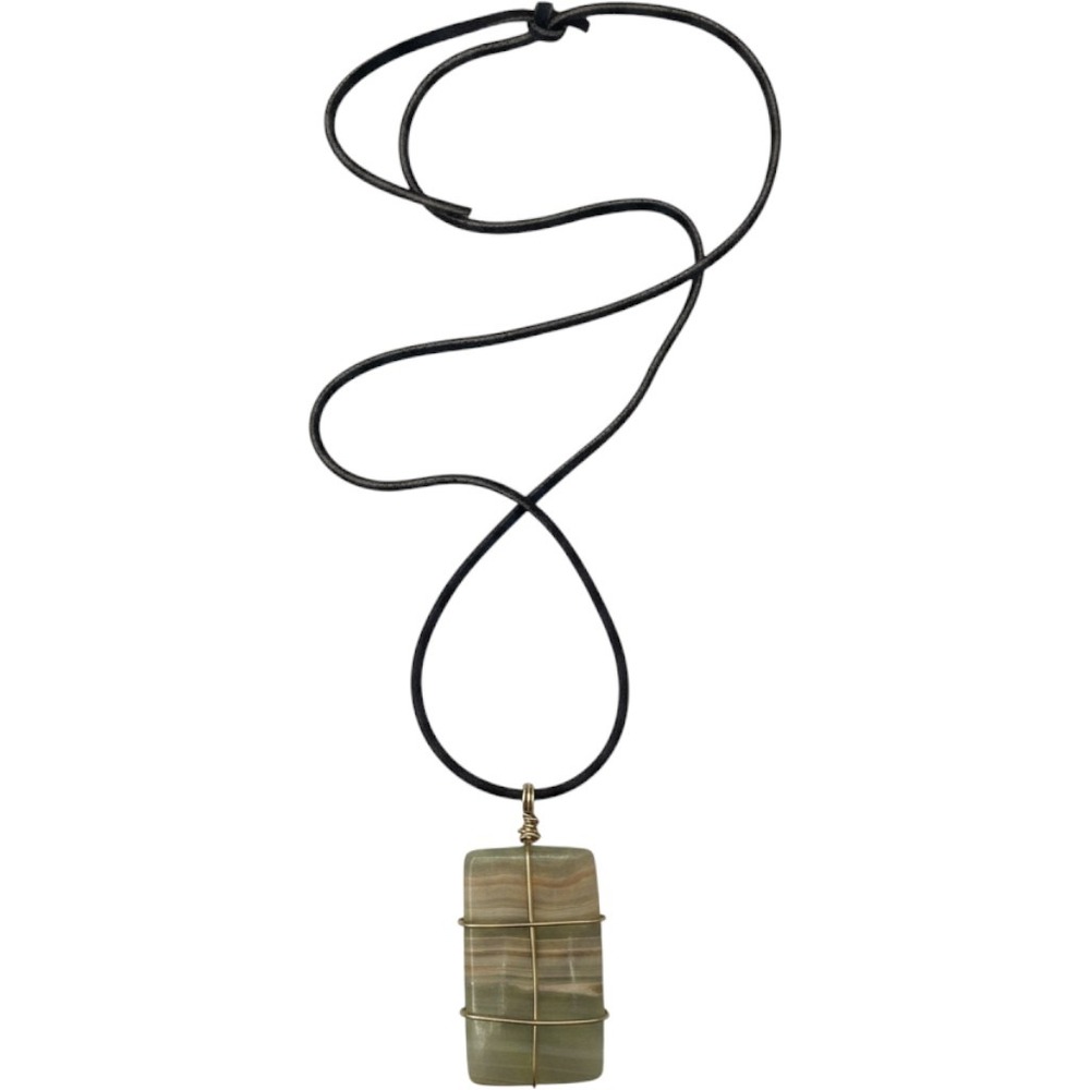 Leather Tie Necklace Green Banded Stone Wire Wrapped Pendant Boho Earthy